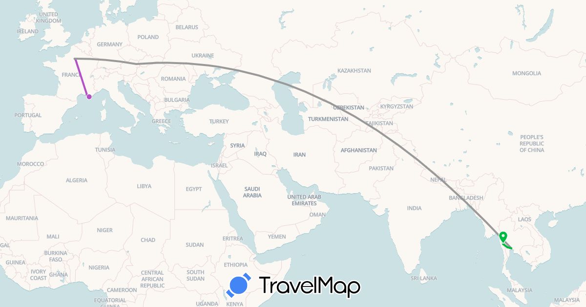 TravelMap itinerary: driving, bus, plane, train in Austria, France, Thailand (Asia, Europe)